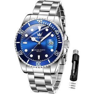 Olevs Men's Blue Luxury Watches Stainless Steel Quartz Waterproof Luminous
